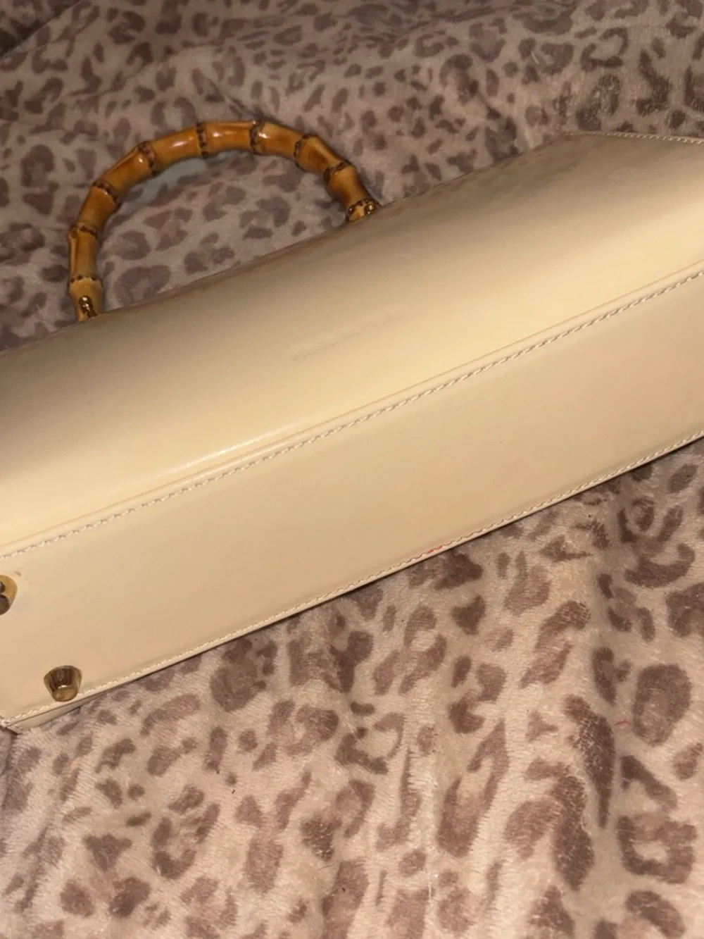 Cream Leather Top-Handle Satchel with Bamboo Handle
